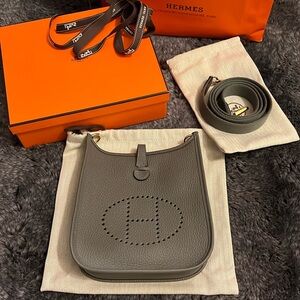 New Full Set Hermes Mini Evelyne 16 Clemence Gris Meyer